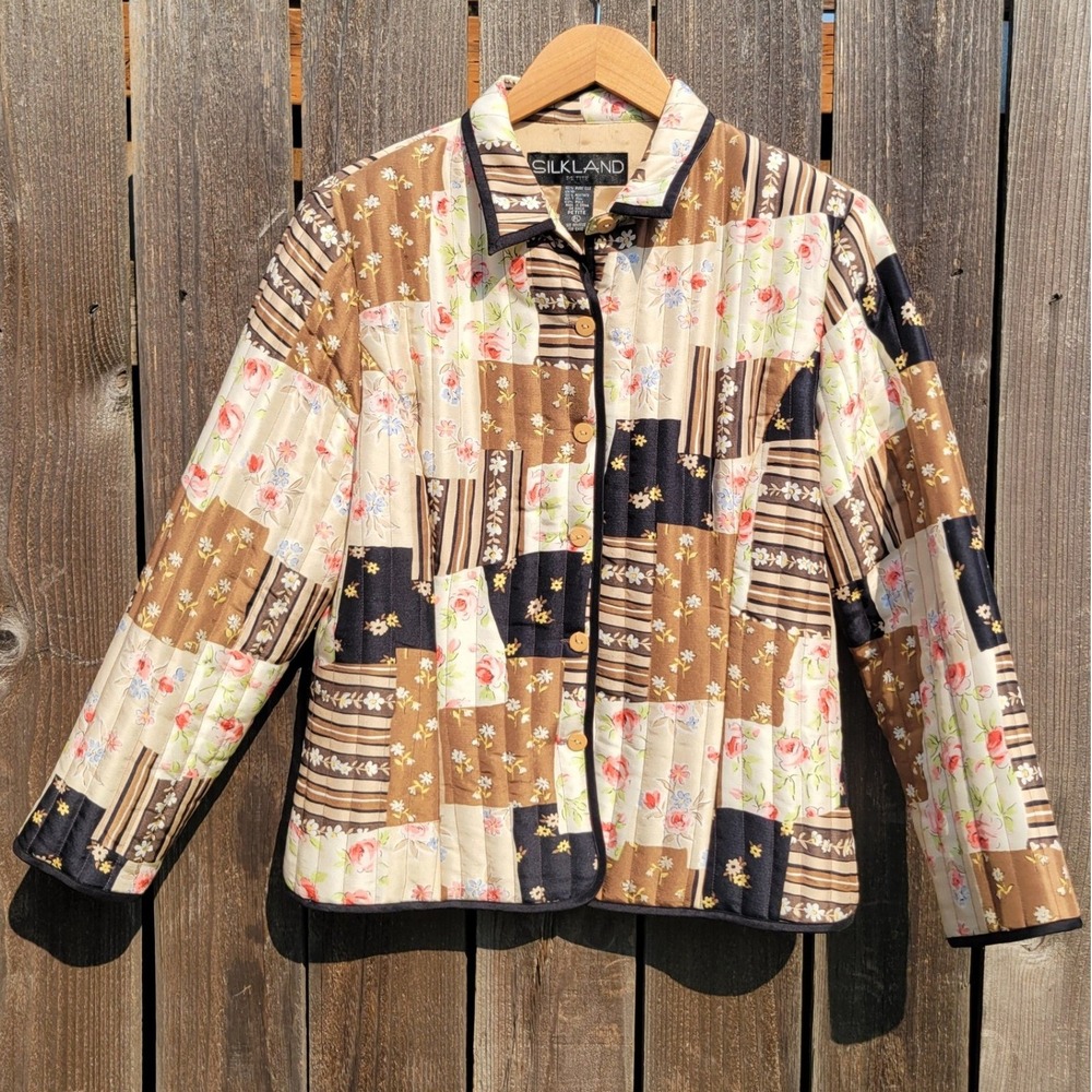 Silkland Petite Quilted 100% Silk Patchwork Floral Jacket Brown Earth Tones PL